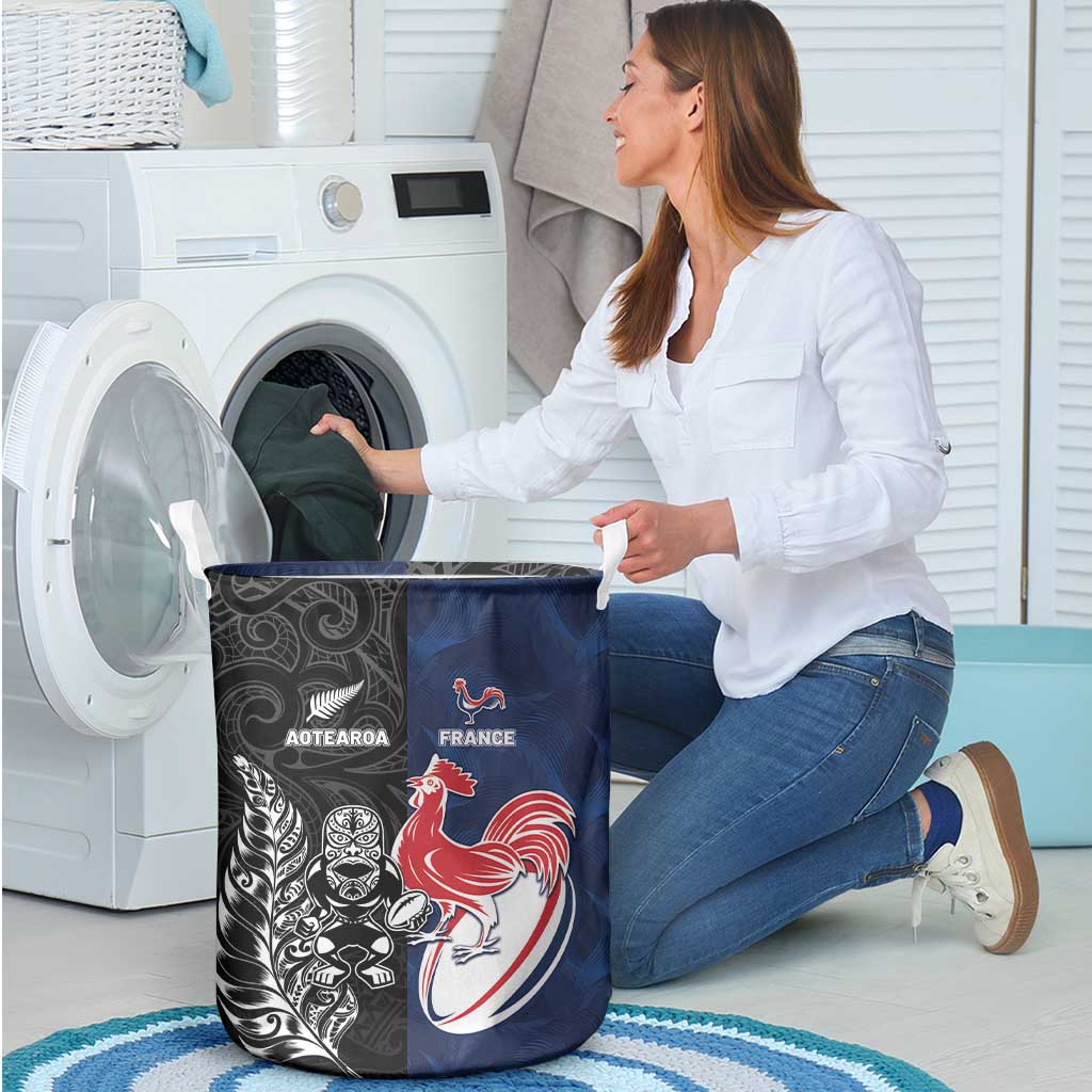 France And New Zealand Rugby Laundry Basket Les Bleus Rooster With Maori Tiki - Wonder Print Shop
