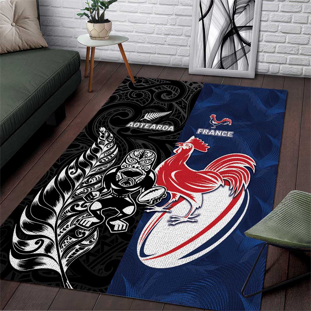 France And New Zealand Rugby Area Rug Les Bleus Rooster With Maori Tiki - Wonder Print Shop
