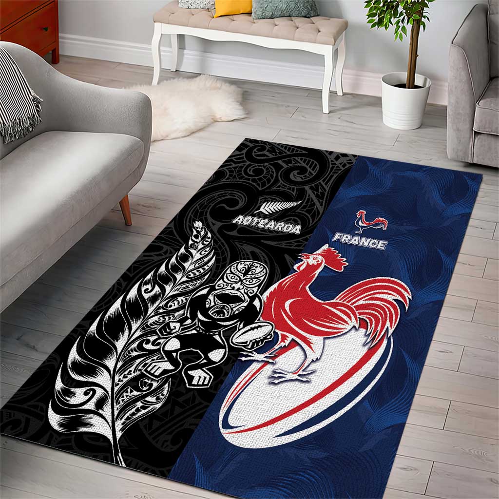 France And New Zealand Rugby Area Rug Les Bleus Rooster With Maori Tiki - Wonder Print Shop