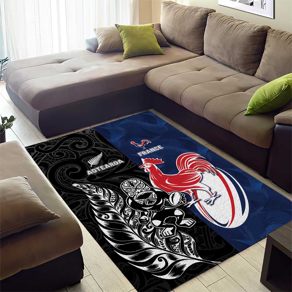 France And New Zealand Rugby Area Rug Les Bleus Rooster With Maori Tiki - Wonder Print Shop