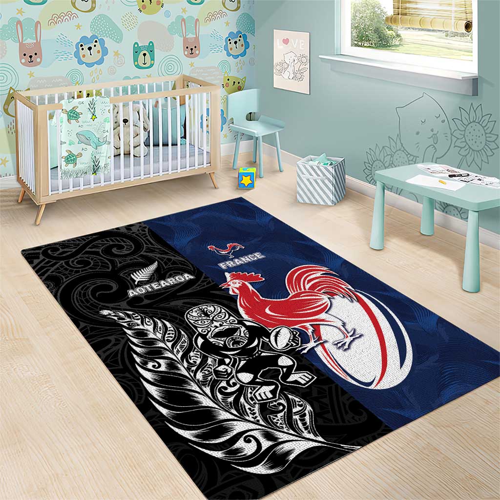 France And New Zealand Rugby Area Rug Les Bleus Rooster With Maori Tiki - Wonder Print Shop