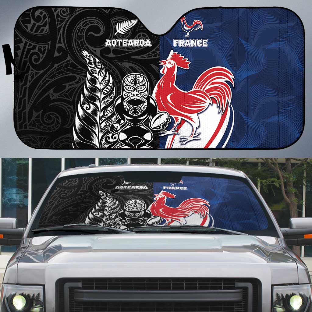 France And New Zealand Rugby Auto Sun Shade Les Bleus Rooster With Maori Tiki - Wonder Print Shop