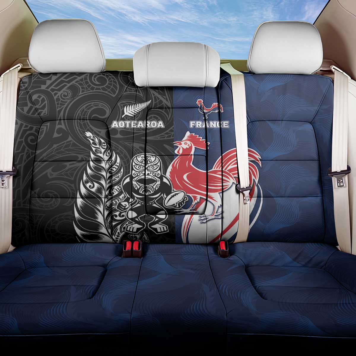 France And New Zealand Rugby Back Car Seat Cover Les Bleus Rooster With Maori Tiki - Wonder Print Shop