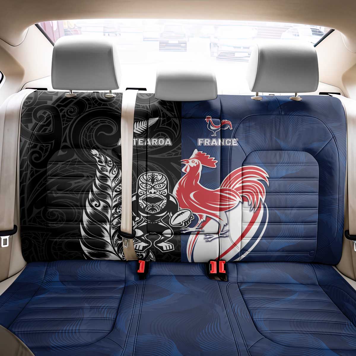 France And New Zealand Rugby Back Car Seat Cover Les Bleus Rooster With Maori Tiki - Wonder Print Shop