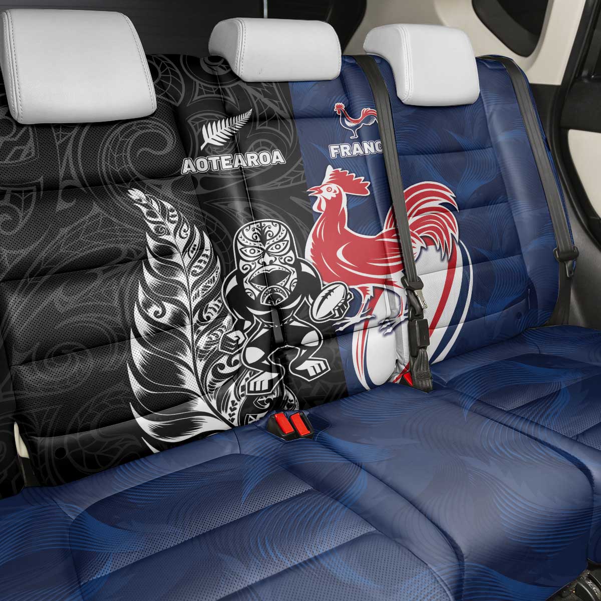 France And New Zealand Rugby Back Car Seat Cover Les Bleus Rooster With Maori Tiki - Wonder Print Shop