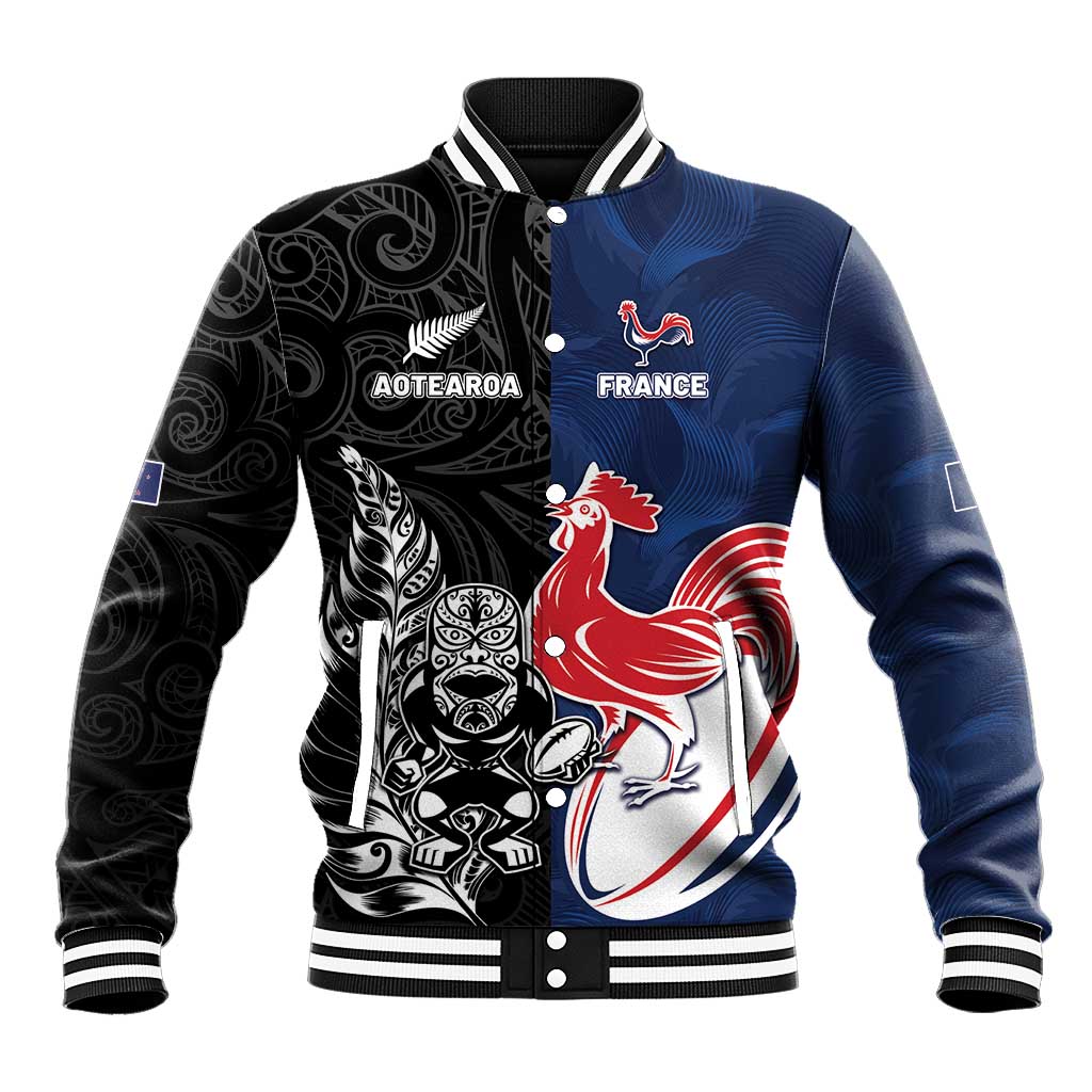 France And New Zealand Rugby Custom Baseball Jacket Les Bleus Rooster With Maori Tiki - Wonder Print Shop