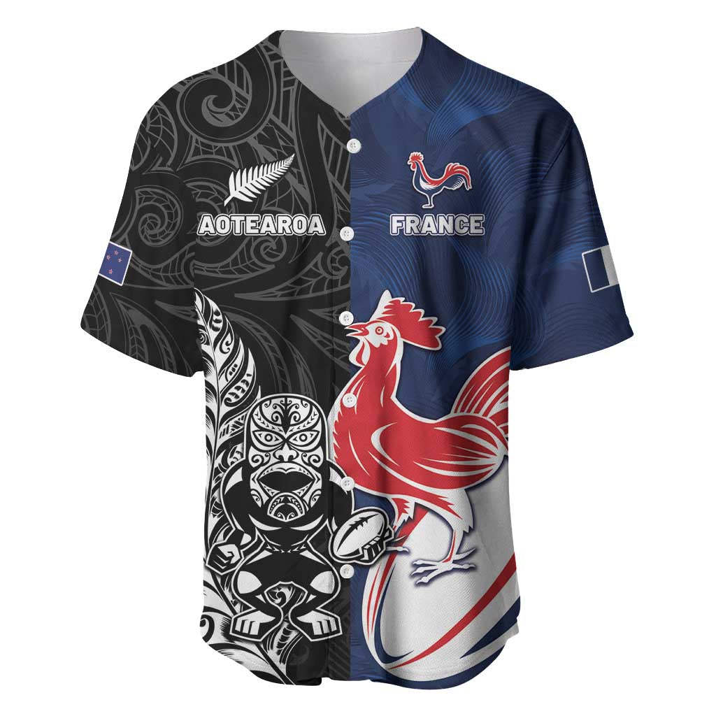 France And New Zealand Rugby Custom Baseball Jersey Les Bleus Rooster With Maori Tiki - Wonder Print Shop