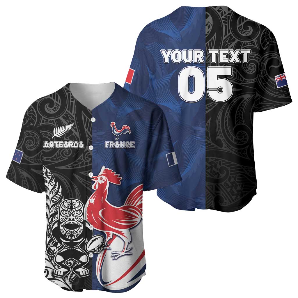 France And New Zealand Rugby Custom Baseball Jersey Les Bleus Rooster With Maori Tiki - Wonder Print Shop