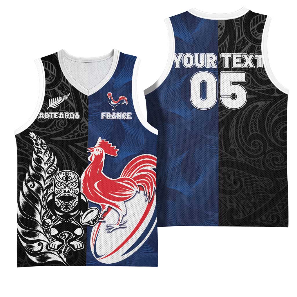 France And New Zealand Rugby Custom Basketball Jersey Les Bleus Rooster With Maori Tiki - Wonder Print Shop