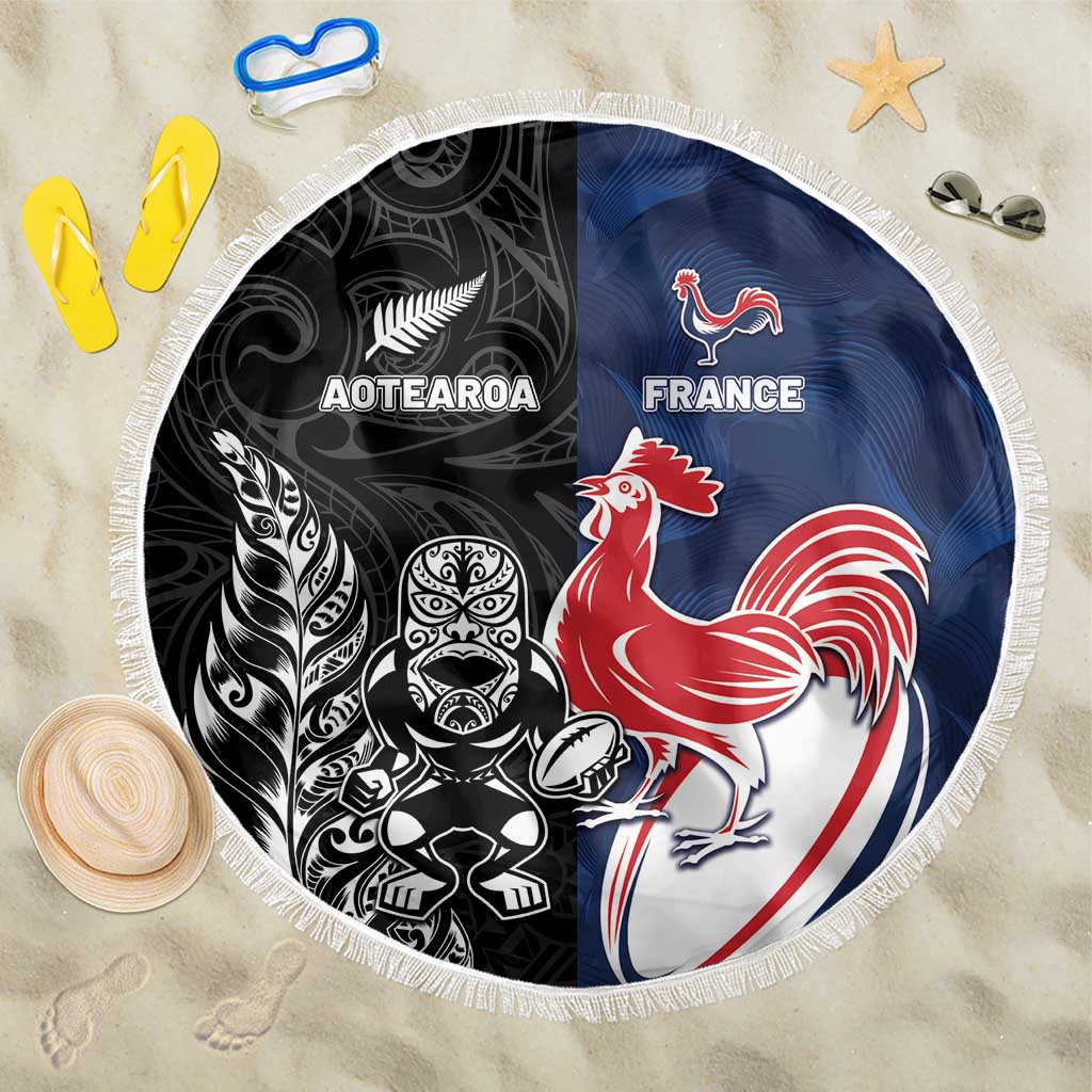 France And New Zealand Rugby Beach Blanket Les Bleus Rooster With Maori Tiki - Wonder Print Shop