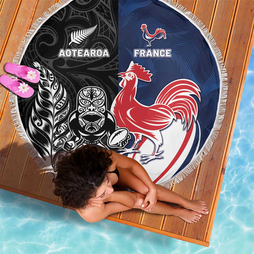 France And New Zealand Rugby Beach Blanket Les Bleus Rooster With Maori Tiki - Wonder Print Shop