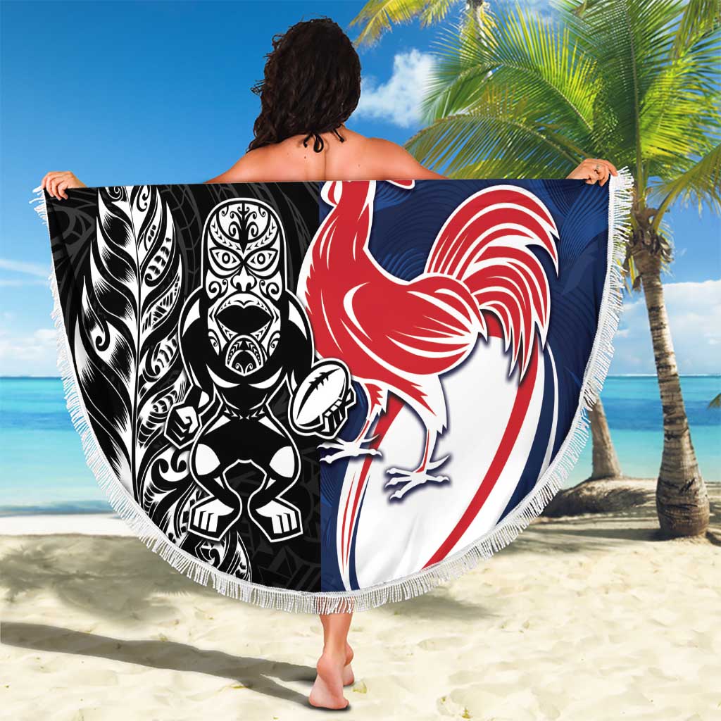 France And New Zealand Rugby Beach Blanket Les Bleus Rooster With Maori Tiki - Wonder Print Shop