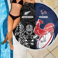France And New Zealand Rugby Beach Blanket Les Bleus Rooster With Maori Tiki - Wonder Print Shop