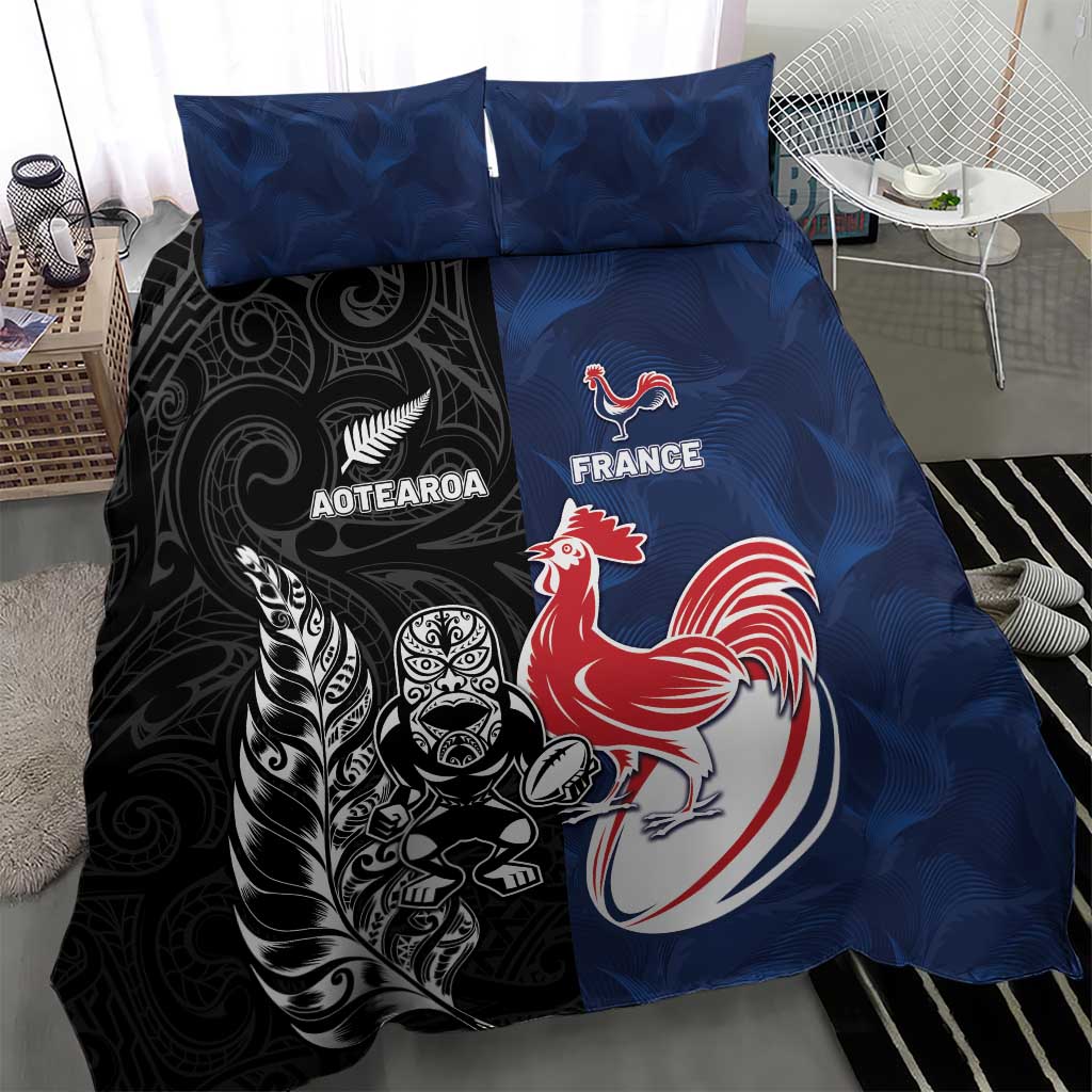 France And New Zealand Rugby Bedding Set Les Bleus Rooster With Maori Tiki - Wonder Print Shop