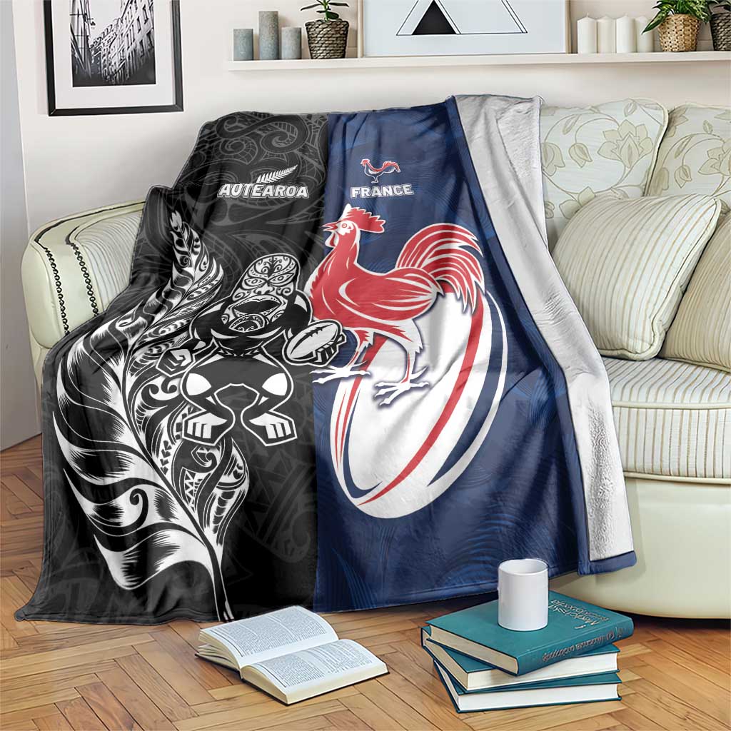 France And New Zealand Rugby Blanket Les Bleus Rooster With Maori Tiki - Wonder Print Shop