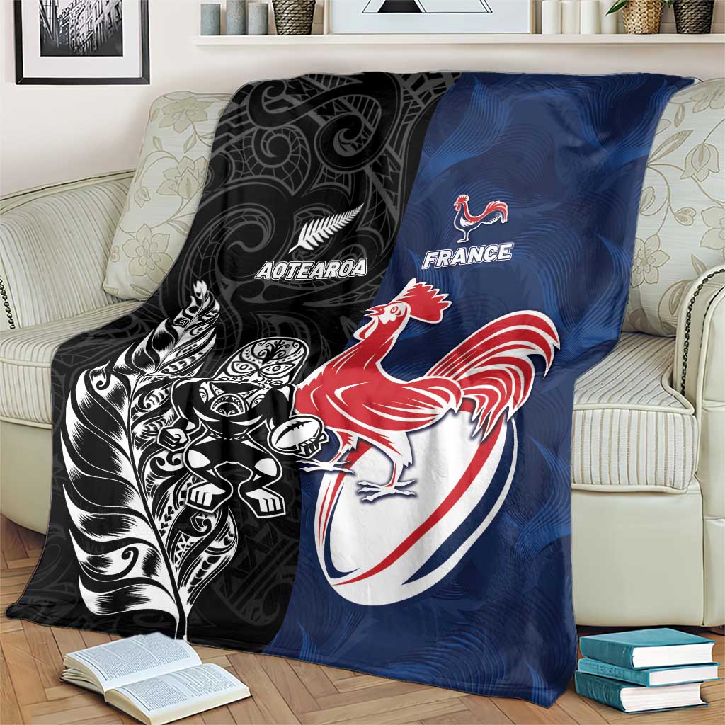 France And New Zealand Rugby Blanket Les Bleus Rooster With Maori Tiki - Wonder Print Shop