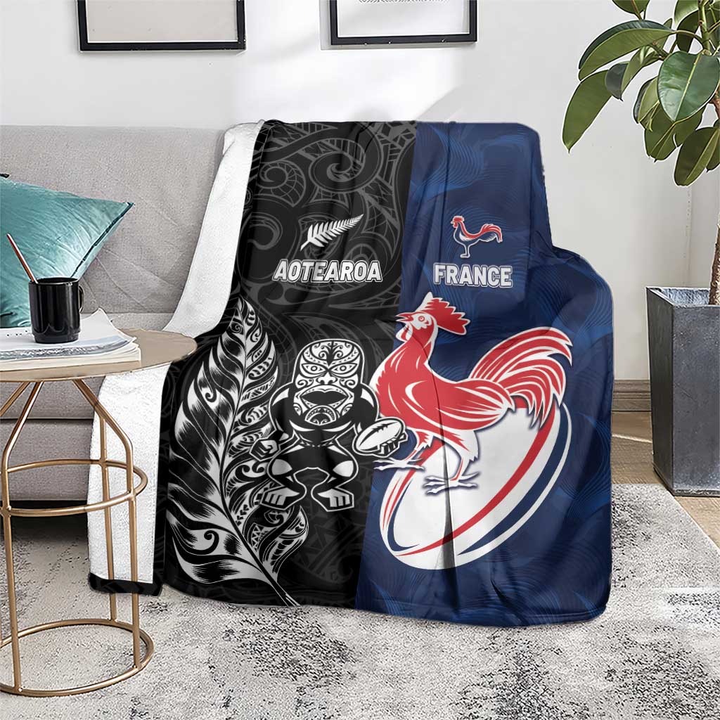 France And New Zealand Rugby Blanket Les Bleus Rooster With Maori Tiki - Wonder Print Shop