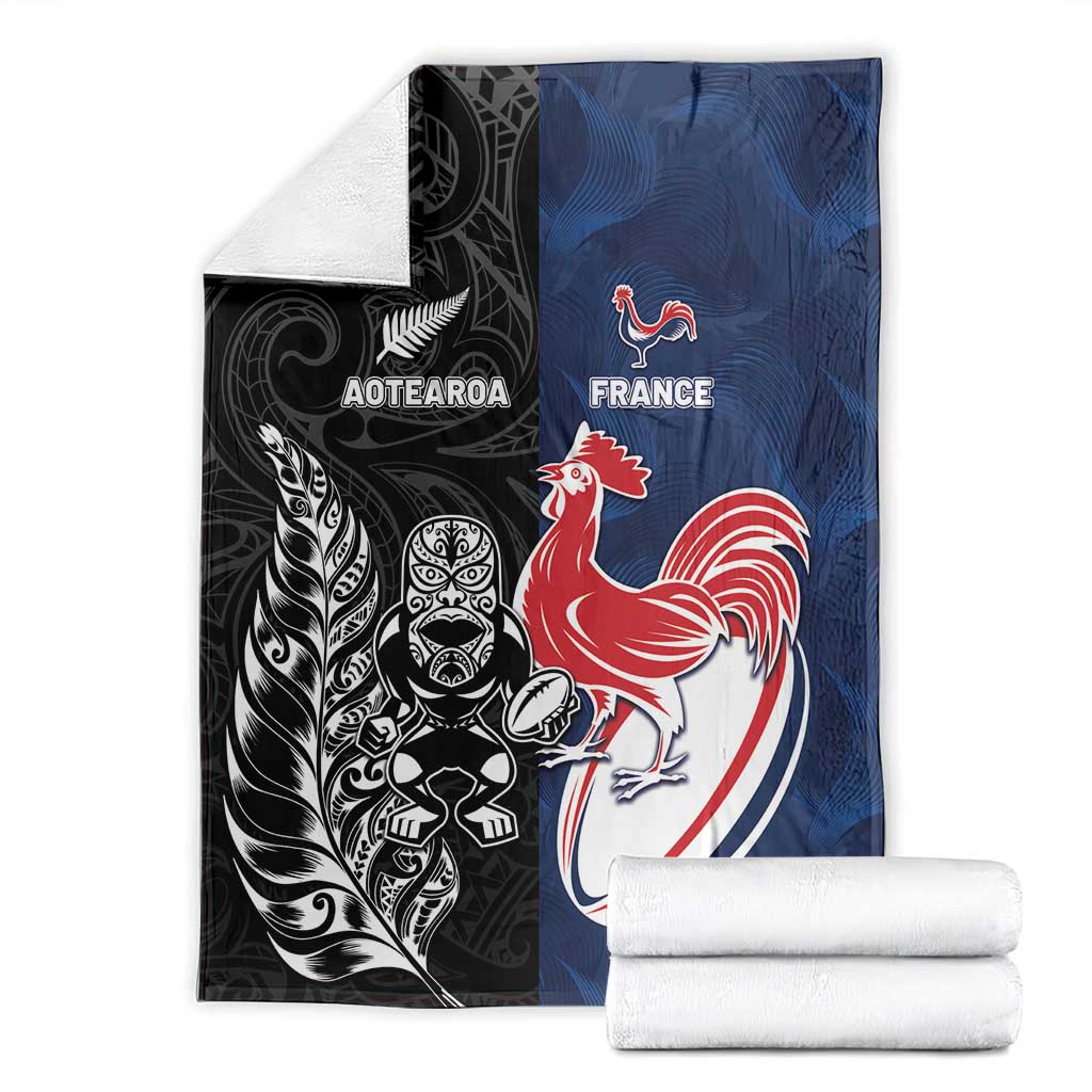 France And New Zealand Rugby Blanket Les Bleus Rooster With Maori Tiki - Wonder Print Shop