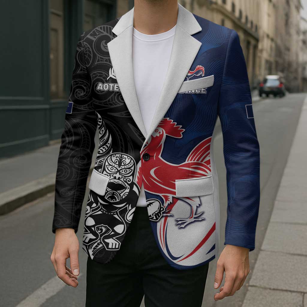 France And New Zealand Rugby Custom Blazer Les Bleus Rooster With Maori Tiki - Wonder Print Shop