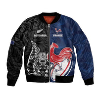 France And New Zealand Rugby Custom Bomber Jacket Les Bleus Rooster With Maori Tiki - Wonder Print Shop