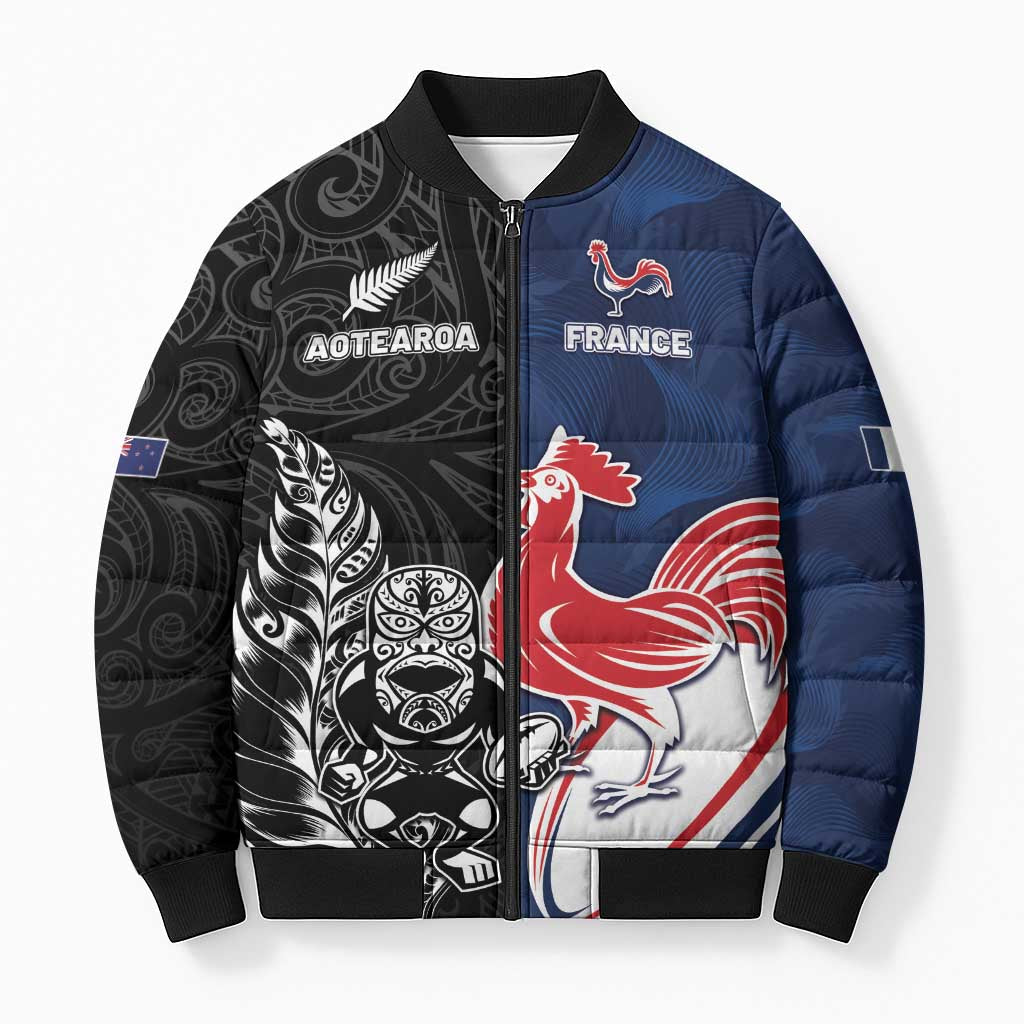 France And New Zealand Rugby Custom Bomber Puffer Jacket Les Bleus Rooster With Maori Tiki - Wonder Print Shop