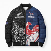 France And New Zealand Rugby Custom Bomber Puffer Jacket Les Bleus Rooster With Maori Tiki - Wonder Print Shop