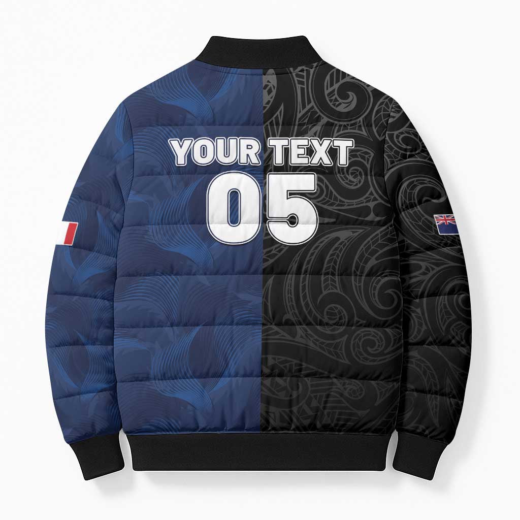 France And New Zealand Rugby Custom Bomber Puffer Jacket Les Bleus Rooster With Maori Tiki - Wonder Print Shop