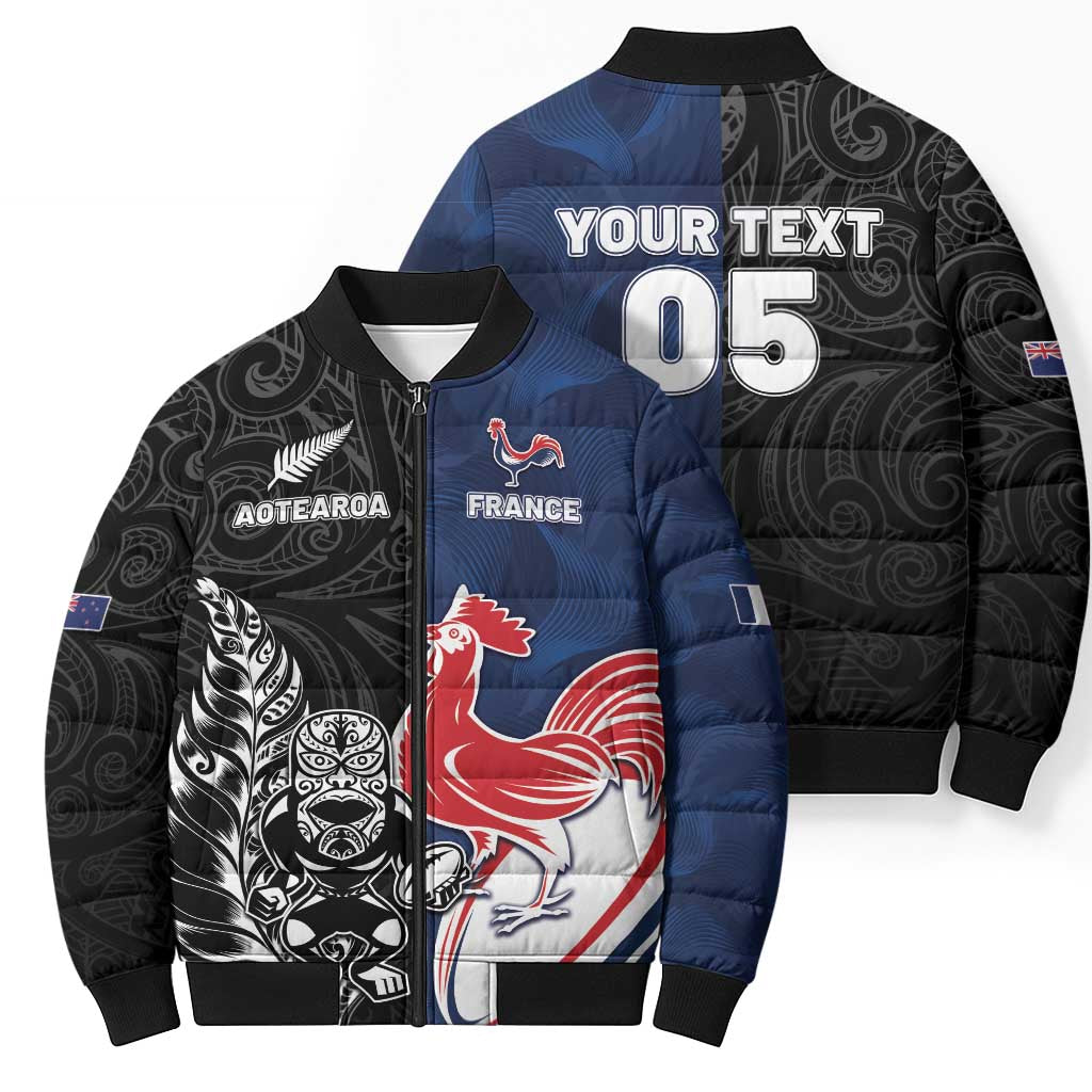 France And New Zealand Rugby Custom Bomber Puffer Jacket Les Bleus Rooster With Maori Tiki - Wonder Print Shop