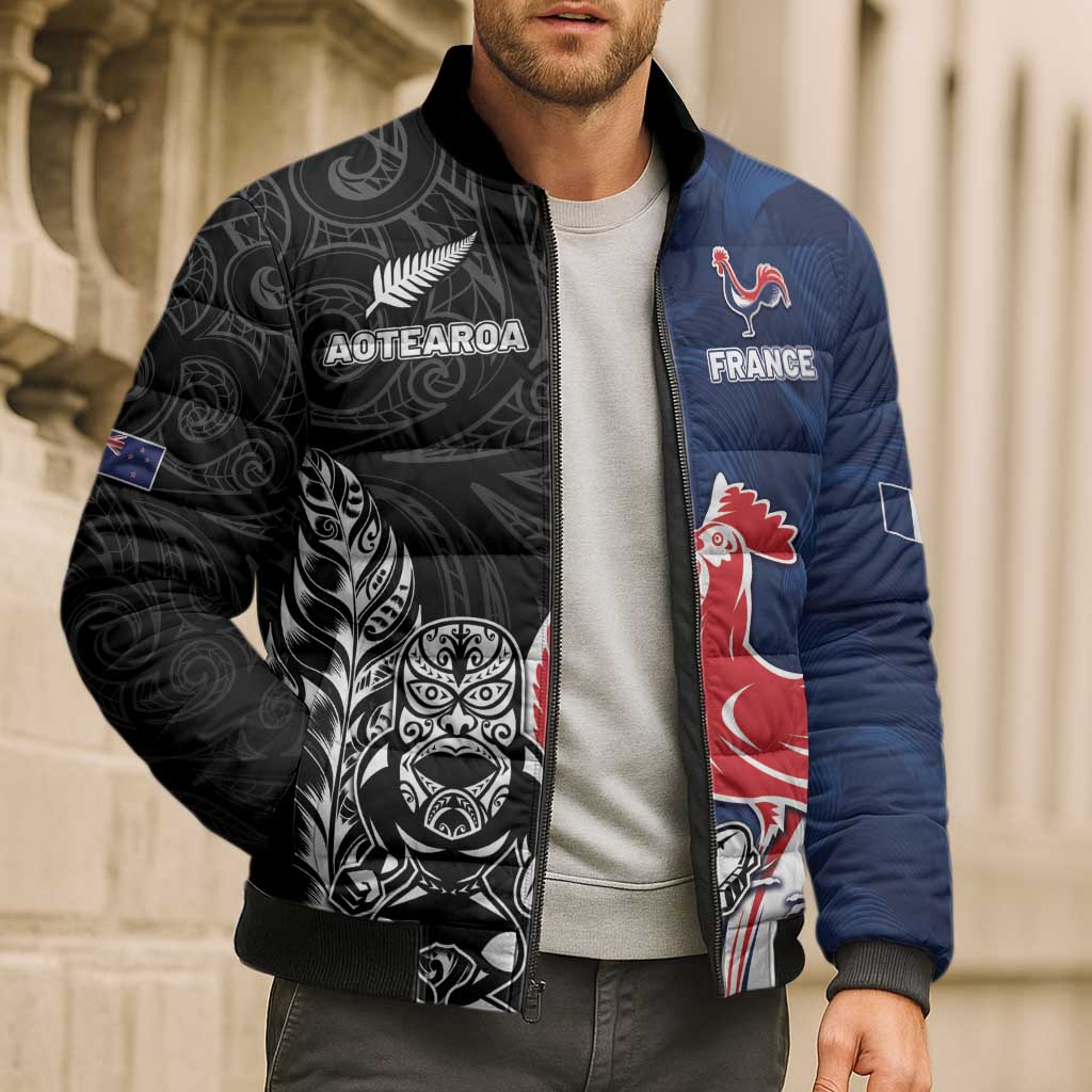 France And New Zealand Rugby Custom Bomber Puffer Jacket Les Bleus Rooster With Maori Tiki - Wonder Print Shop