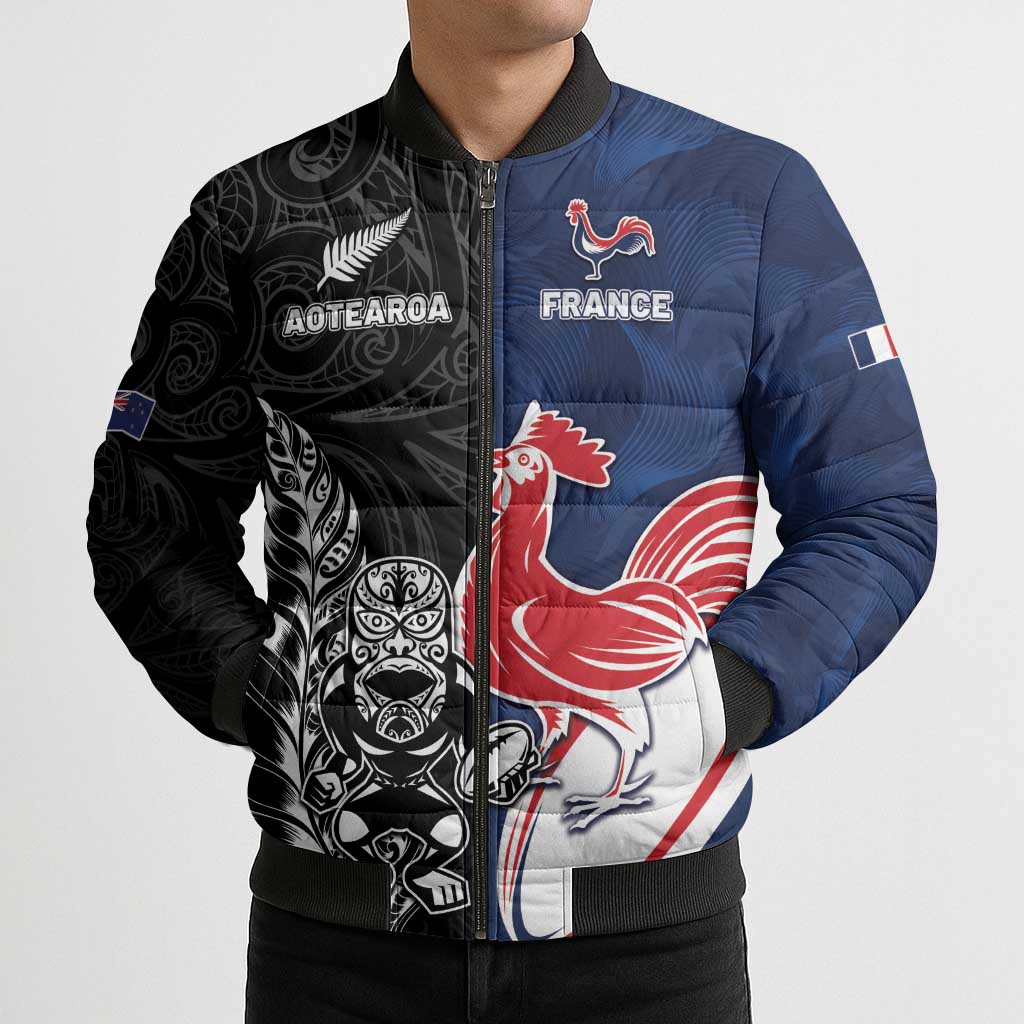 France And New Zealand Rugby Custom Bomber Puffer Jacket Les Bleus Rooster With Maori Tiki - Wonder Print Shop