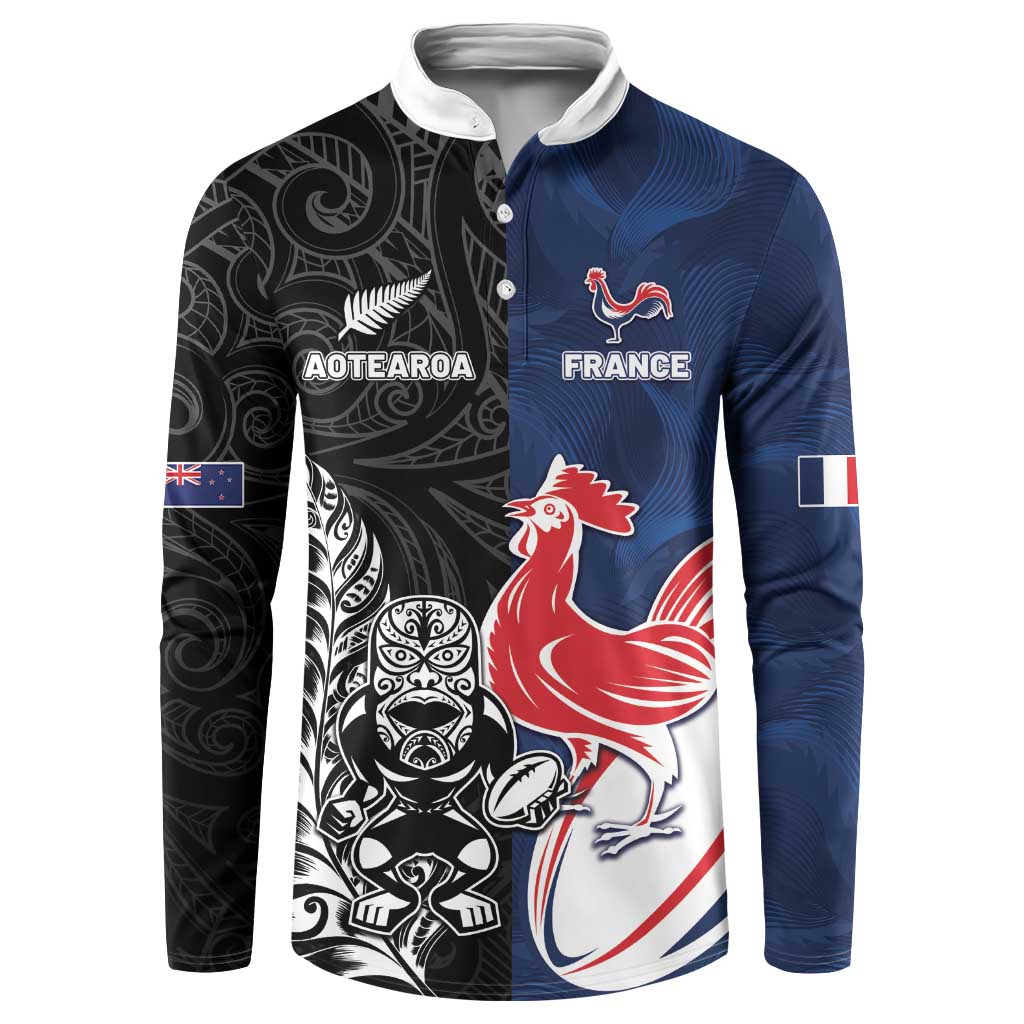 France And New Zealand Rugby Custom Button Sweatshirt Les Bleus Rooster With Maori Tiki - Wonder Print Shop