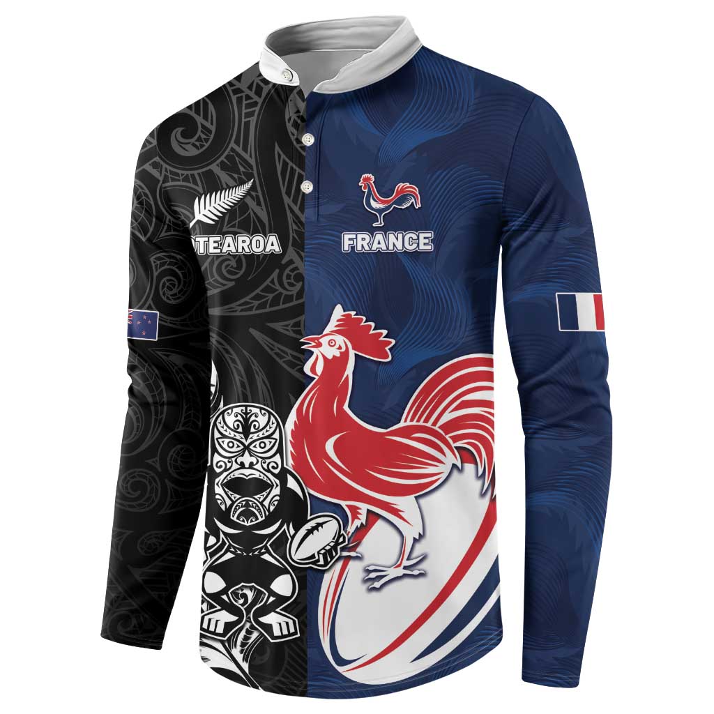 France And New Zealand Rugby Custom Button Sweatshirt Les Bleus Rooster With Maori Tiki - Wonder Print Shop