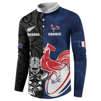 France And New Zealand Rugby Custom Button Sweatshirt Les Bleus Rooster With Maori Tiki - Wonder Print Shop