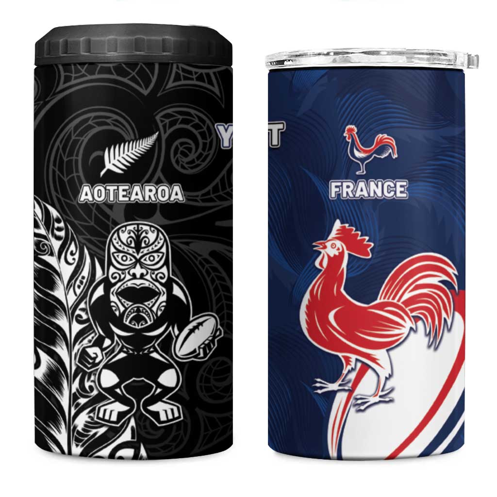 France And New Zealand Rugby Custom 4 in 1 Can Cooler Tumbler Les Bleus Rooster With Maori Tiki - Wonder Print Shop