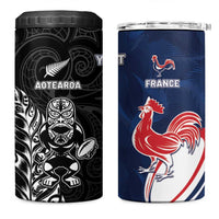 France And New Zealand Rugby Custom 4 in 1 Can Cooler Tumbler Les Bleus Rooster With Maori Tiki - Wonder Print Shop