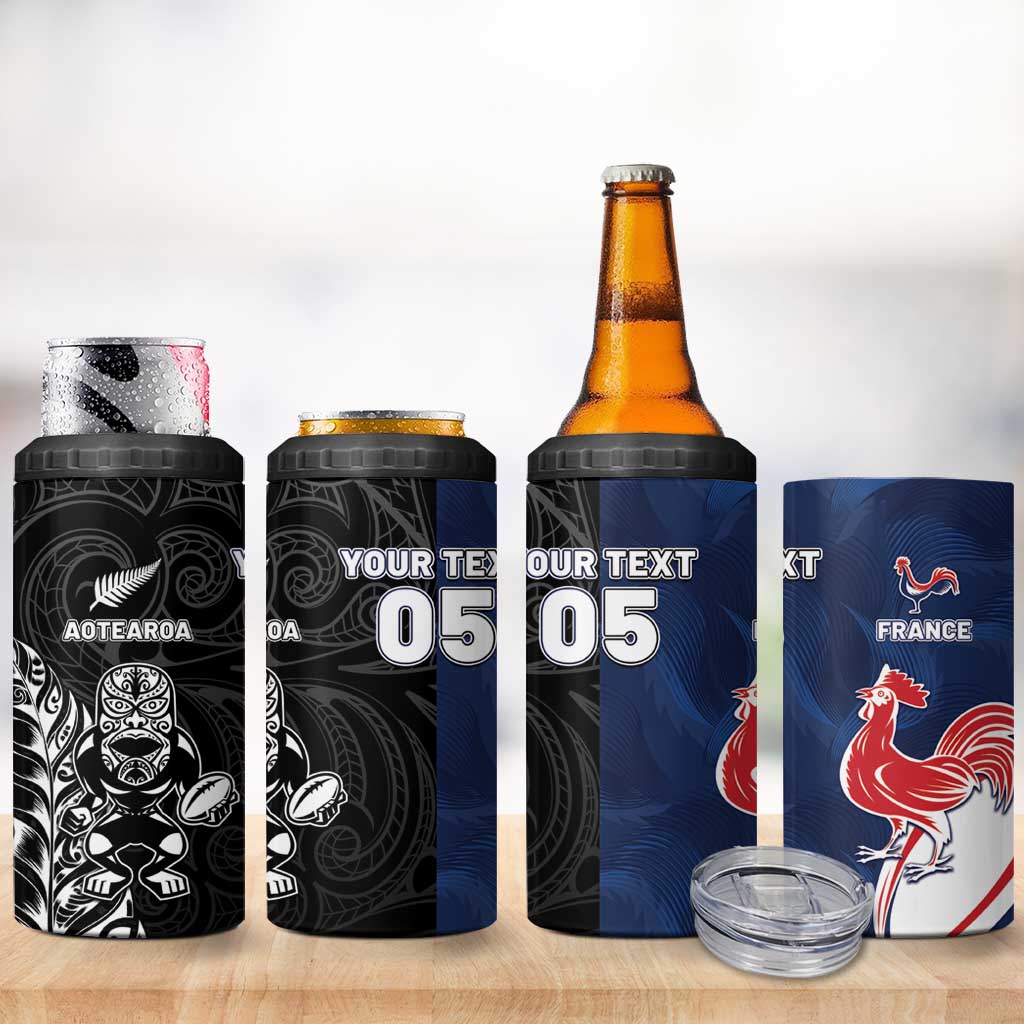 France And New Zealand Rugby Custom 4 in 1 Can Cooler Tumbler Les Bleus Rooster With Maori Tiki - Wonder Print Shop