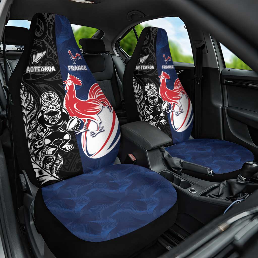 France And New Zealand Rugby Car Seat Cover Les Bleus Rooster With Maori Tiki - Wonder Print Shop