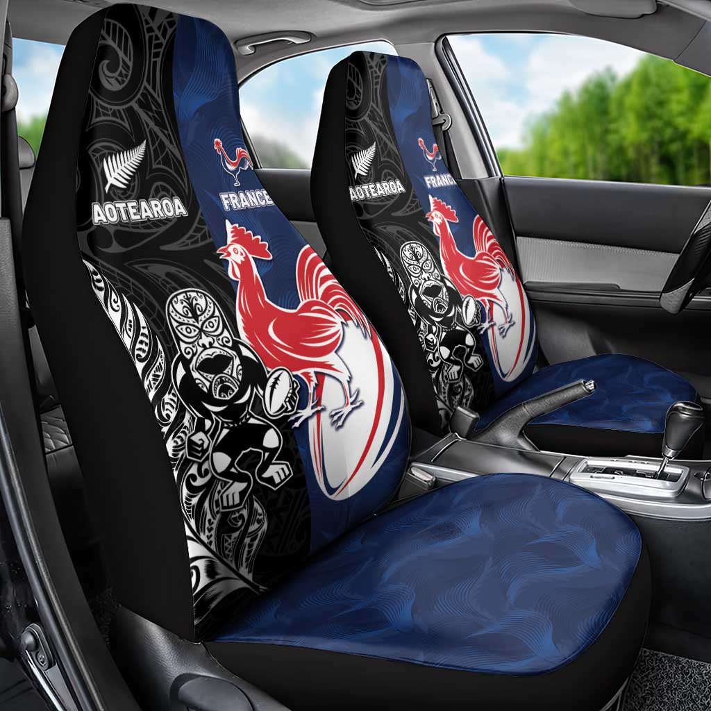 France And New Zealand Rugby Car Seat Cover Les Bleus Rooster With Maori Tiki - Wonder Print Shop