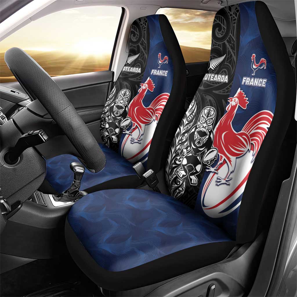 France And New Zealand Rugby Car Seat Cover Les Bleus Rooster With Maori Tiki - Wonder Print Shop