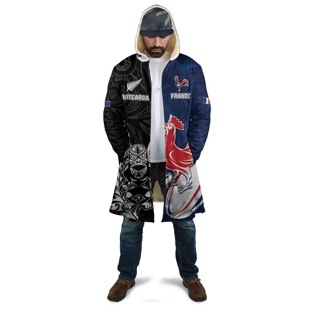 France And New Zealand Rugby Custom Cloak Les Bleus Rooster With Maori Tiki - Wonder Print Shop