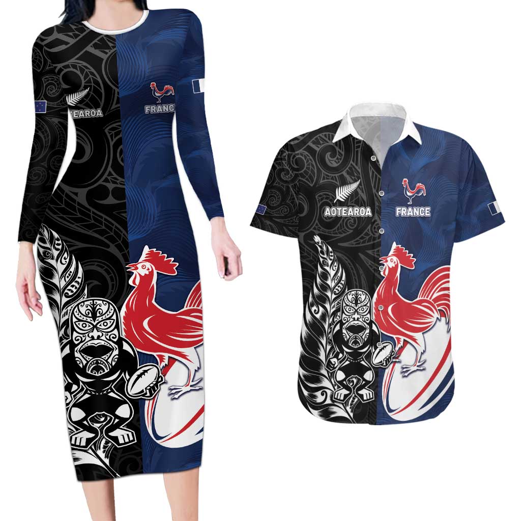 France And New Zealand Rugby Custom Couples Matching Long Sleeve Bodycon Dress and Hawaiian Shirt Les Bleus Rooster With Maori Tiki - Wonder Print Shop