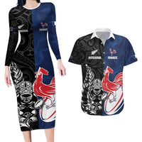 France And New Zealand Rugby Custom Couples Matching Long Sleeve Bodycon Dress and Hawaiian Shirt Les Bleus Rooster With Maori Tiki - Wonder Print Shop