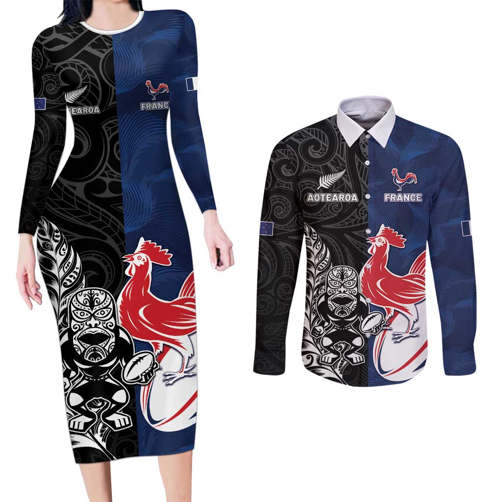 France And New Zealand Rugby Custom Couples Matching Long Sleeve Bodycon Dress and Long Sleeve Button Shirt Les Bleus Rooster With Maori Tiki - Wonder Print Shop