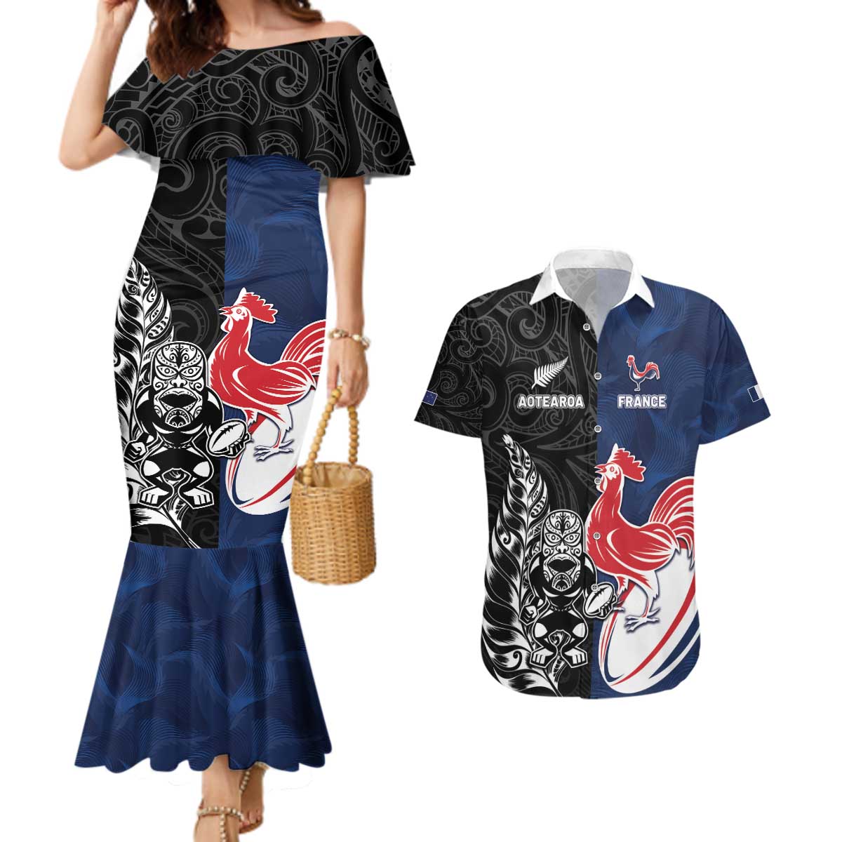 France And New Zealand Rugby Custom Couples Matching Mermaid Dress and Hawaiian Shirt Les Bleus Rooster With Maori Tiki - Wonder Print Shop