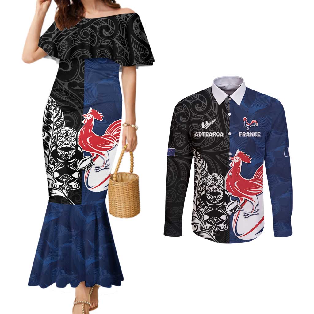 France And New Zealand Rugby Custom Couples Matching Mermaid Dress and Long Sleeve Button Shirt Les Bleus Rooster With Maori Tiki - Wonder Print Shop
