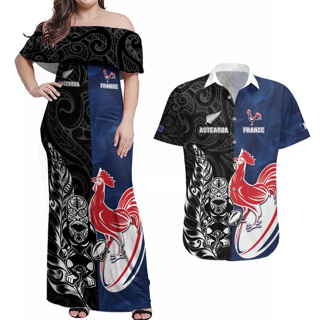 France And New Zealand Rugby Custom Couples Matching Off Shoulder Maxi Dress and Hawaiian Shirt Les Bleus Rooster With Maori Tiki - Wonder Print Shop