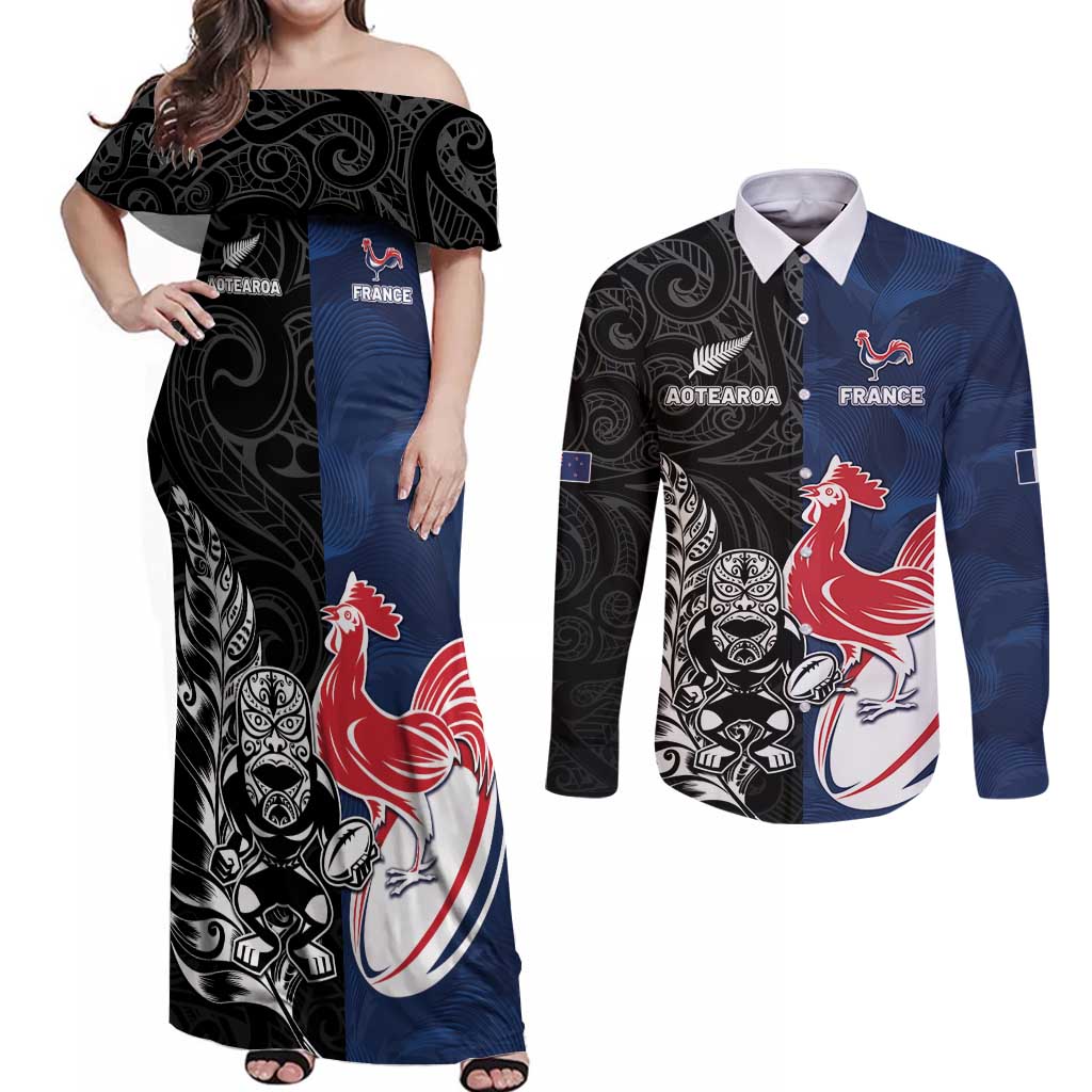 France And New Zealand Rugby Custom Couples Matching Off Shoulder Maxi Dress and Long Sleeve Button Shirt Les Bleus Rooster With Maori Tiki - Wonder Print Shop