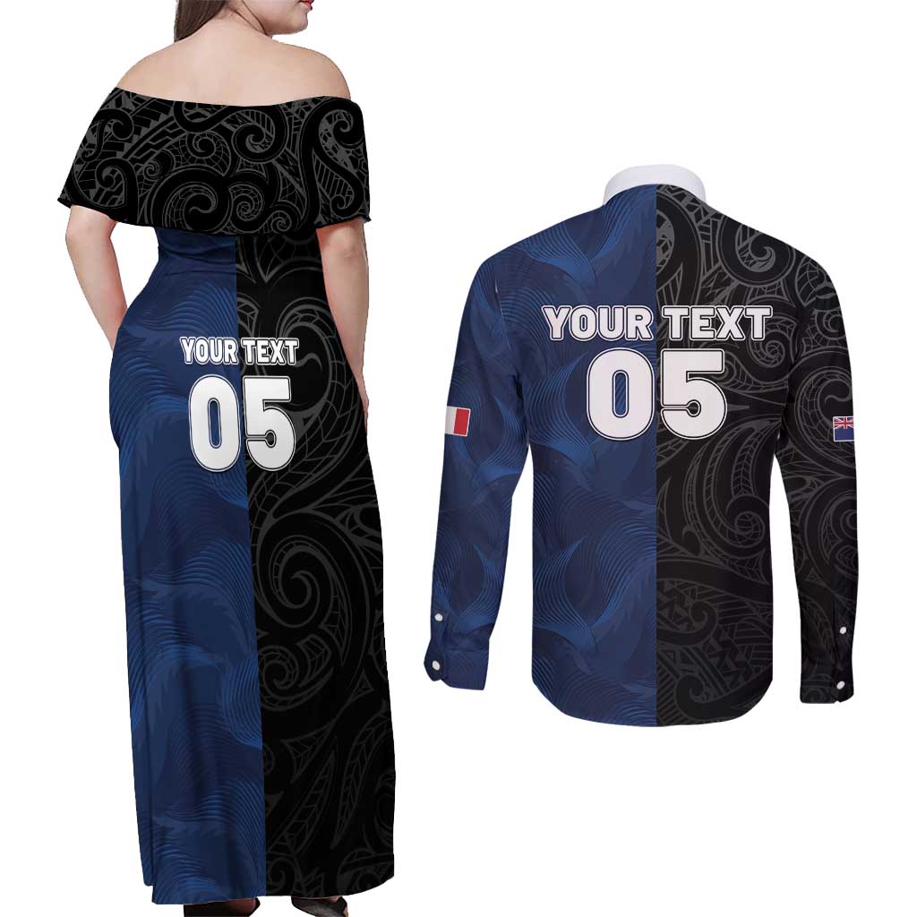 France And New Zealand Rugby Custom Couples Matching Off Shoulder Maxi Dress and Long Sleeve Button Shirt Les Bleus Rooster With Maori Tiki - Wonder Print Shop
