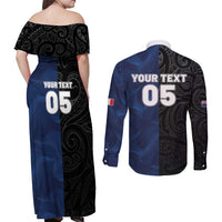 France And New Zealand Rugby Custom Couples Matching Off Shoulder Maxi Dress and Long Sleeve Button Shirt Les Bleus Rooster With Maori Tiki - Wonder Print Shop