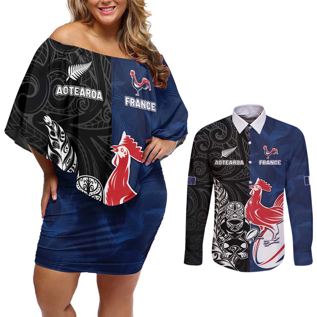 France And New Zealand Rugby Custom Couples Matching Off Shoulder Short Dress and Long Sleeve Button Shirt Les Bleus Rooster With Maori Tiki - Wonder Print Shop